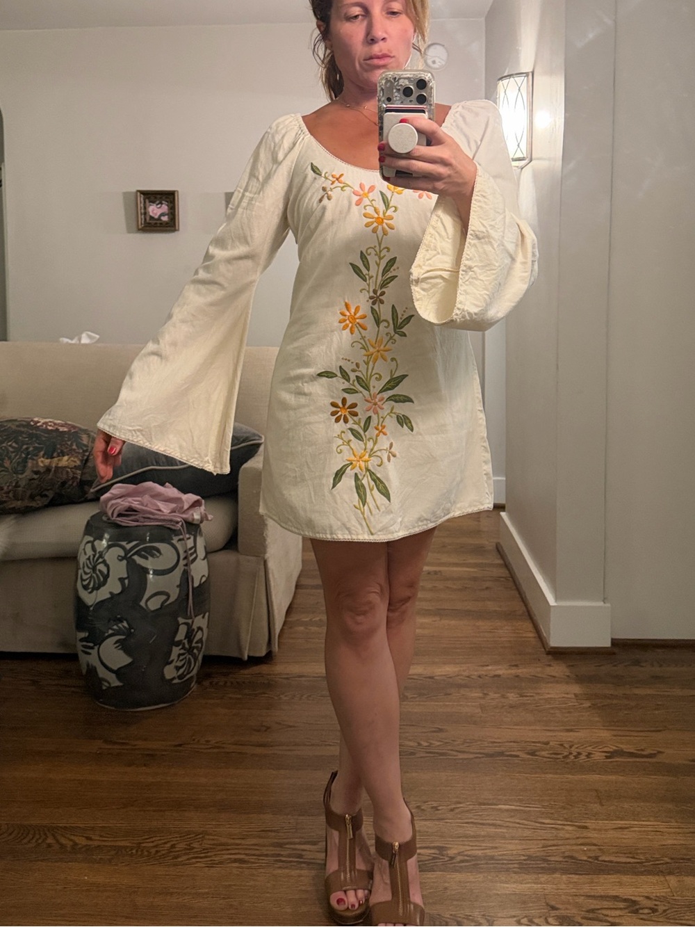 Free People Cream Mini Dress with Yellow & Green Floral Embroidery